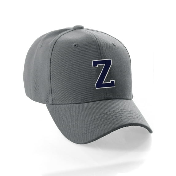 Classic Baseball Hat Custom A to Z Initial Team Letter, Charcoal Cap White Navy Letter Z