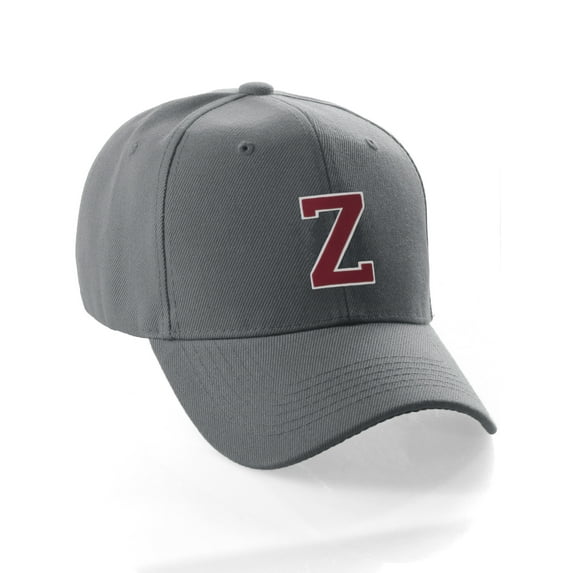 Classic Baseball Hat Custom A to Z Initial Team Letter, Charcoal Cap White Red Letter Z