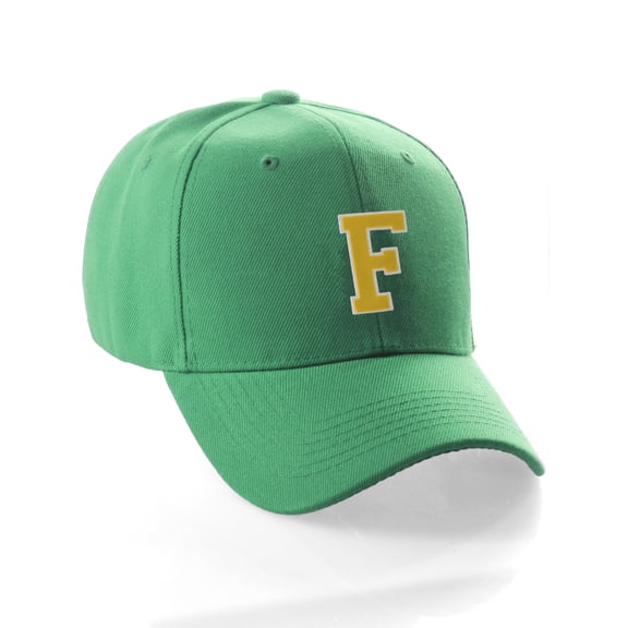 Classic Baseball Hat Custom A to Z Initial Team Letter, Green Cap White Gold Letter F
