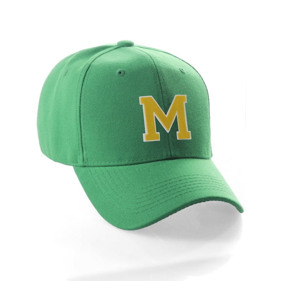Classic Baseball Hat Custom A to Z Initial Team Letter, Green Cap White Gold Letter M
