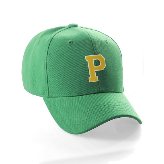 Classic Baseball Hat Custom A to Z Initial Team Letter, Green Cap White Gold Letter P