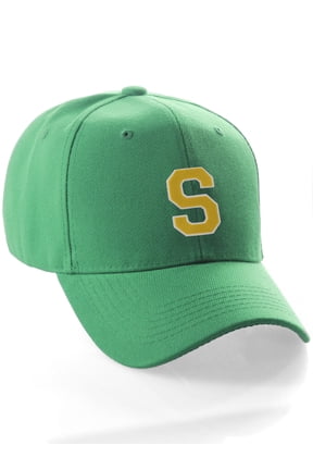 Classic Baseball Hat Custom A to Z Initial Team Letter, Green Cap White Gold Letter S