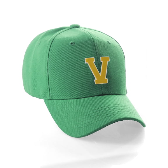 Classic Baseball Hat Custom A to Z Initial Team Letter, Green Cap White Gold Letter V