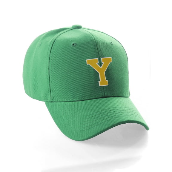 Classic Baseball Hat Custom A to Z Initial Team Letter, Green Cap White Gold Letter Y