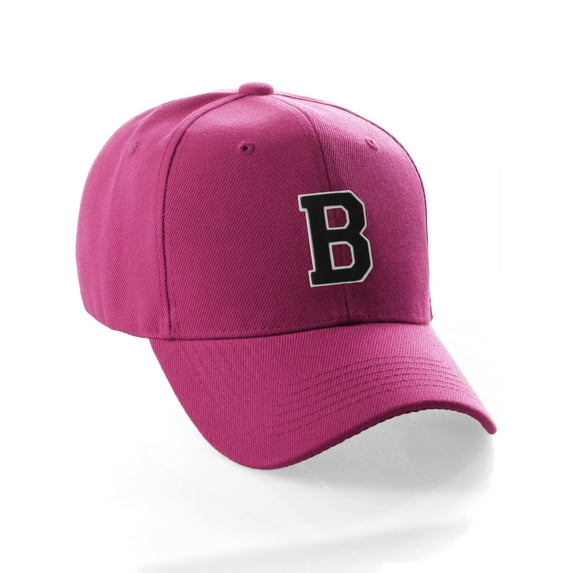 Classic Baseball Hat Custom A to Z Initial Team Letter, Hot Pink Cap White Black Letter B