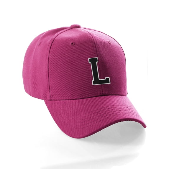 Classic Baseball Hat Custom A to Z Initial Team Letter, Hot Pink Cap White Black Letter L