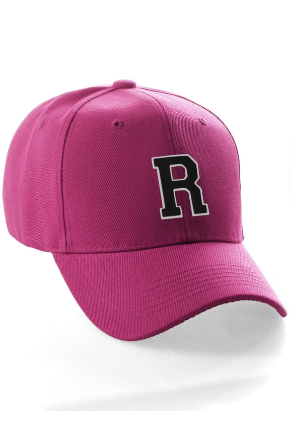 Classic Baseball Hat Custom A to Z Initial Team Letter, Hot Pink Cap White Black Letter R