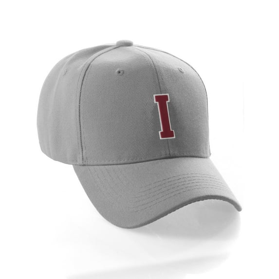 Classic Baseball Hat Custom A to Z Initial Team Letter, Lt Gray Cap White Red Letter I
