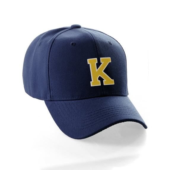 Classic Baseball Hat Custom A to Z Initial Team Letter, Navy Cap White Gold Letter K