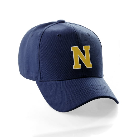 Classic Baseball Hat Custom A to Z Initial Team Letter, Navy Cap White Gold Letter N