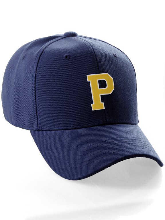 Classic Baseball Hat Custom A to Z Initial Team Letter, Navy Cap White Gold Letter P