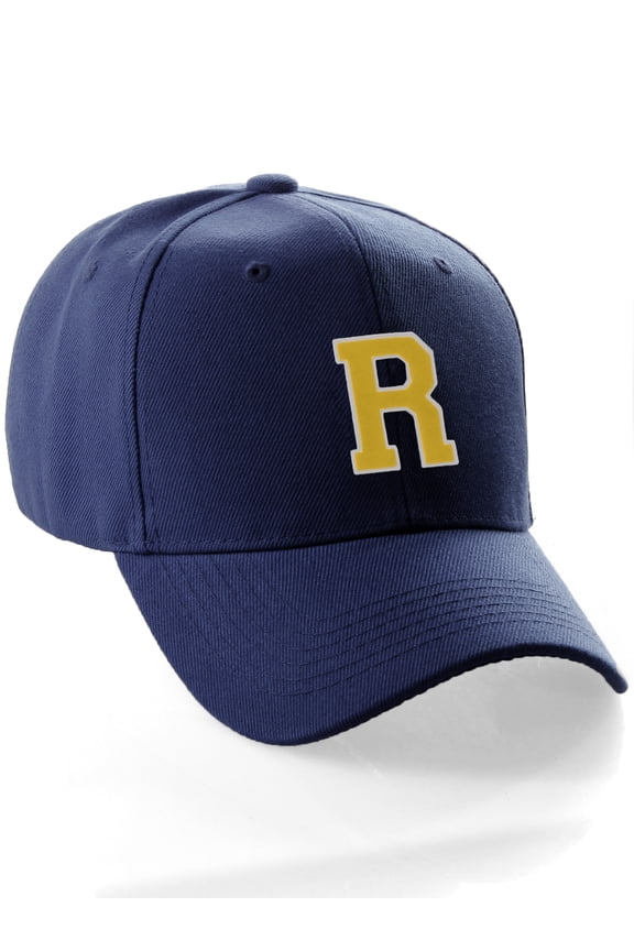 Classic Baseball Hat Custom A to Z Initial Team Letter, Navy Cap White Gold Letter R