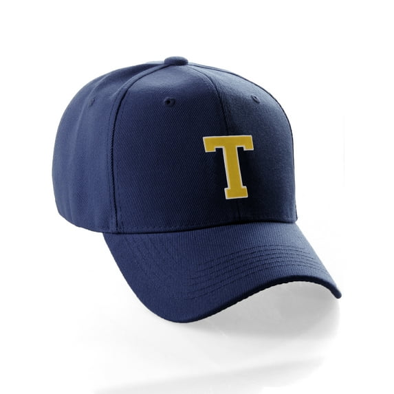 Classic Baseball Hat Custom A to Z Initial Team Letter, Navy Cap White Gold Letter T