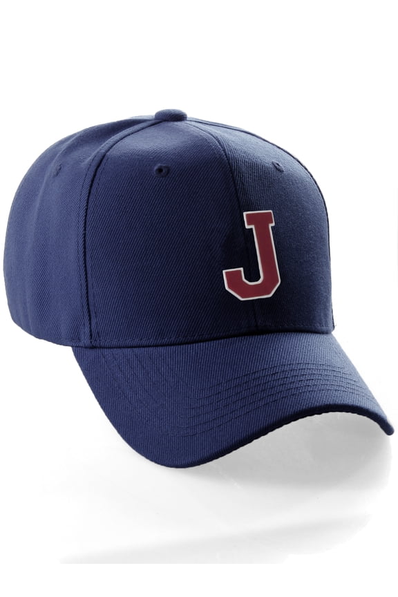 Classic Baseball Hat Custom A to Z Initial Team Letter, Navy Cap White Red Letter J
