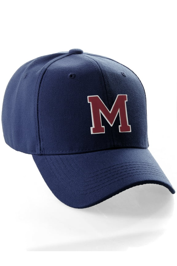 Classic Baseball Hat Custom A to Z Initial Team Letter, Navy Cap White Red Letter M
