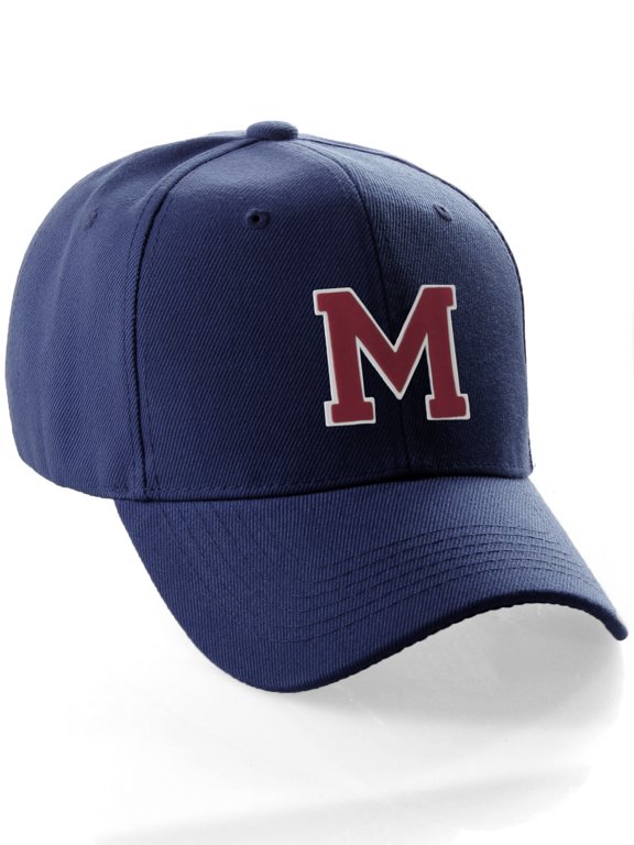 Classic Baseball Hat Custom A to Z Initial Team Letter, Navy Cap White Red Letter M