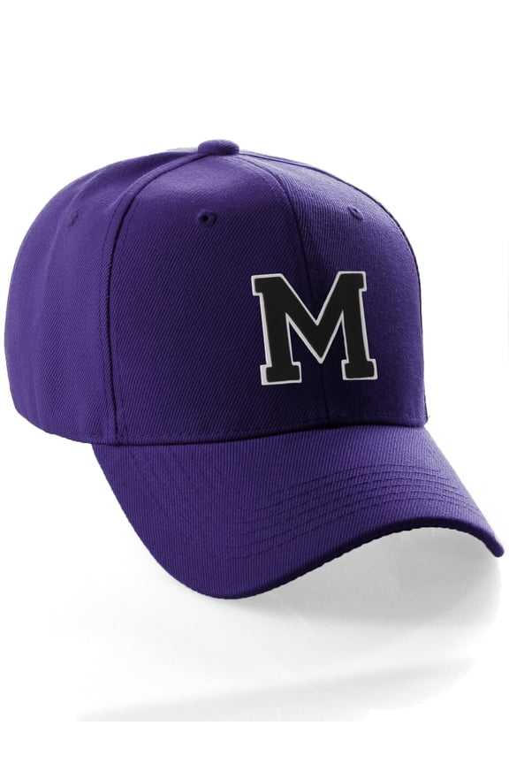 Classic Baseball Hat Custom A to Z Initial Team Letter, Purple Cap White Black Letter M