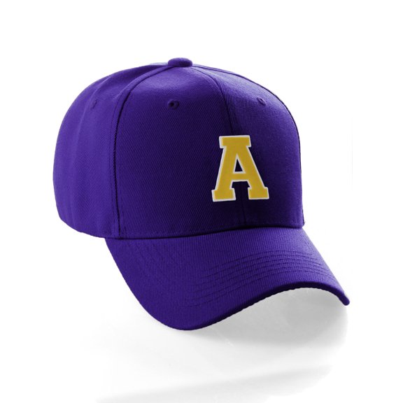 Classic Baseball Hat Custom A to Z Initial Team Letter, Purple Cap White Gold Letter A