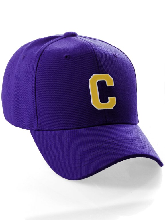 Classic Baseball Hat Custom A to Z Initial Team Letter, Purple Cap White Gold Letter C