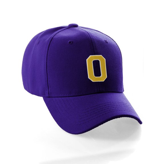 Classic Baseball Hat Custom A to Z Initial Team Letter, Purple Cap White Gold Letter O