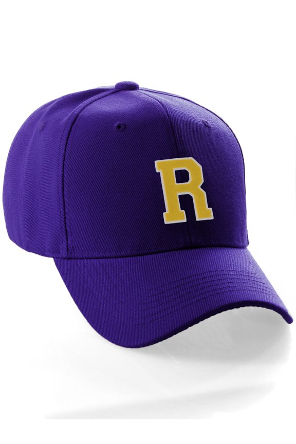 Classic Baseball Hat Custom A to Z Initial Team Letter, Purple Cap White Gold Letter R