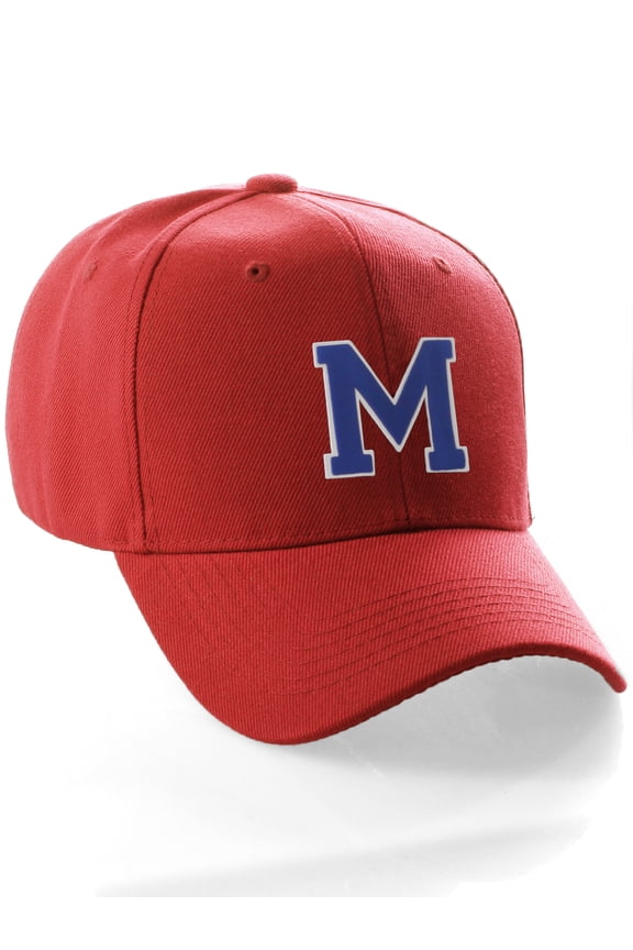 Classic Baseball Hat Custom A to Z Initial Team Letter, Red Cap White Blue Letter M