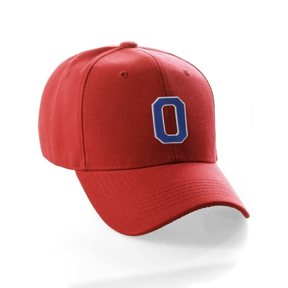 Classic Baseball Hat Custom A to Z Initial Team Letter, Red Cap White Blue Letter O