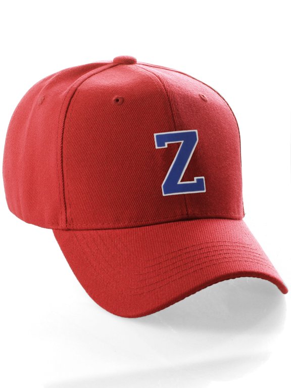 Classic Baseball Hat Custom A to Z Initial Team Letter, Red Cap White Blue Letter Z