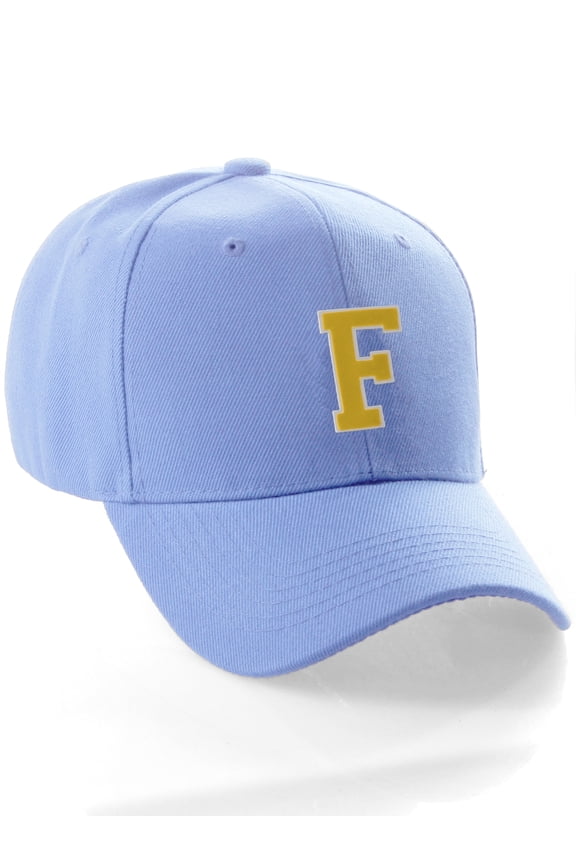 Classic Baseball Hat Custom A to Z Initial Team Letter, Sky Cap White Gold Letter F