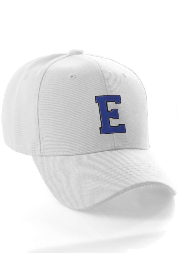 Classic Baseball Hat Custom A to Z Initial Team Letter, White Cap Black Blue Letter E