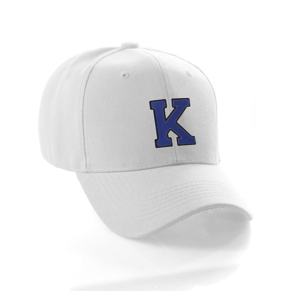 Classic Baseball Hat Custom A to Z Initial Team Letter, White Cap Black Blue Letter K