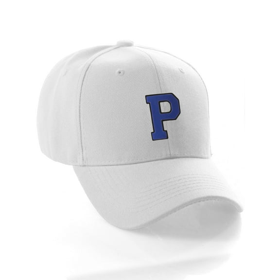 Classic Baseball Hat Custom A to Z Initial Team Letter, White Cap Black Blue Letter P