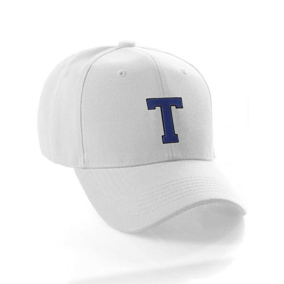 Classic Baseball Hat Custom A to Z Initial Team Letter, White Cap Black Blue Letter T