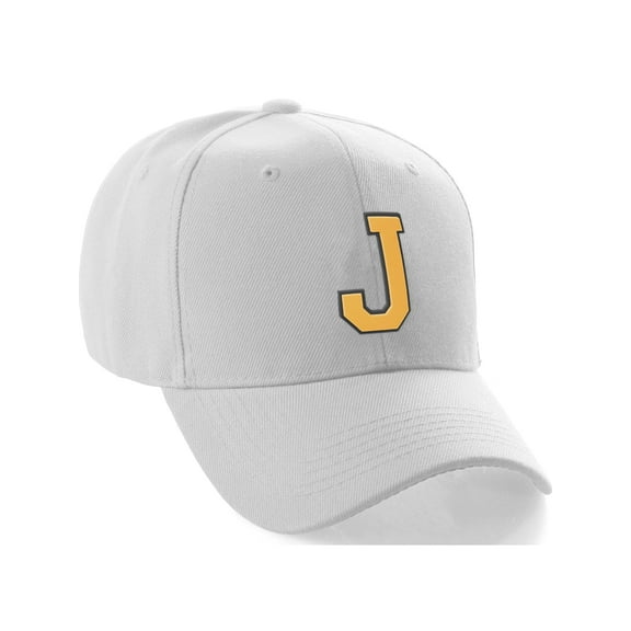 Classic Baseball Hat Custom A to Z Initial Team Letter, White Cap Black Gold Letter J