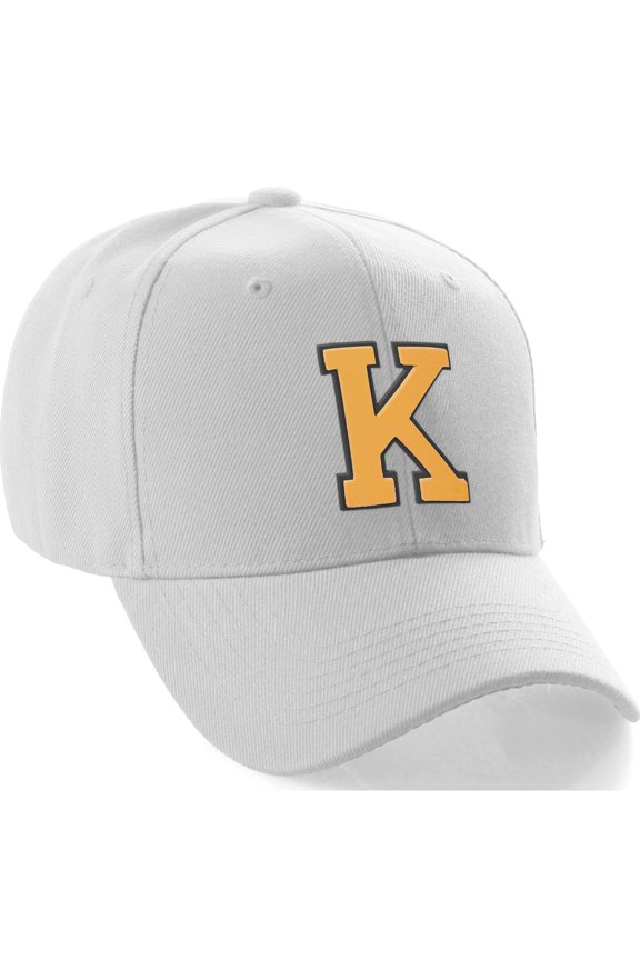 Classic Baseball Hat Custom A to Z Initial Team Letter, White Cap Black Gold Letter K