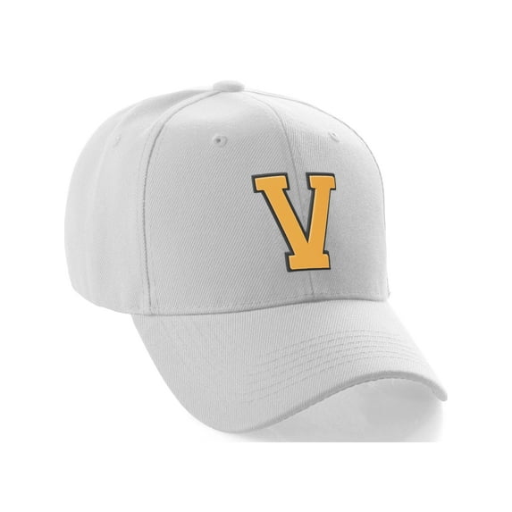 Classic Baseball Hat Custom A to Z Initial Team Letter, White Cap Black Gold Letter V