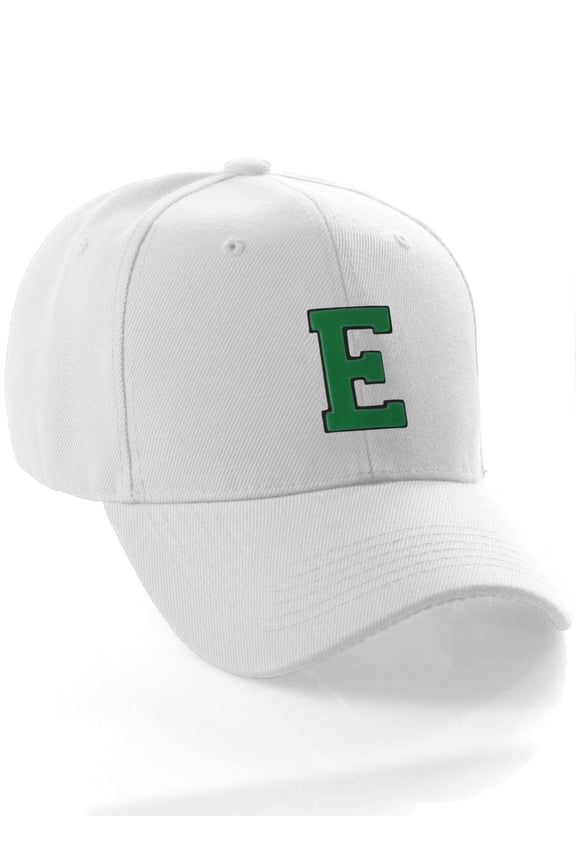 Classic Baseball Hat Custom A to Z Initial Team Letter, White Cap Black Green Letter E