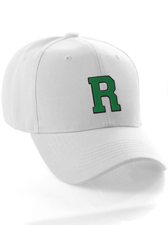 Classic Baseball Hat Custom A to Z Initial Team Letter, White Cap Black Green Letter R