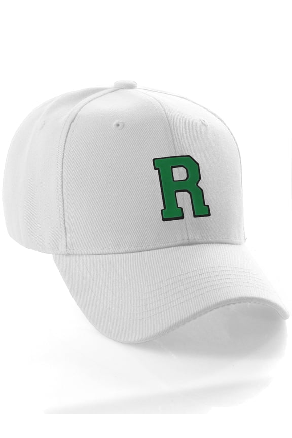 Classic Baseball Hat Custom A to Z Initial Team Letter, White Cap Black Green Letter R