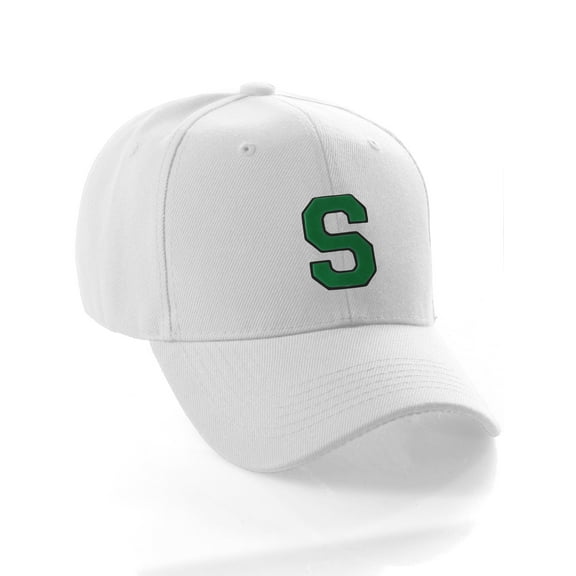 Classic Baseball Hat Custom A to Z Initial Team Letter, White Cap Black Green Letter S
