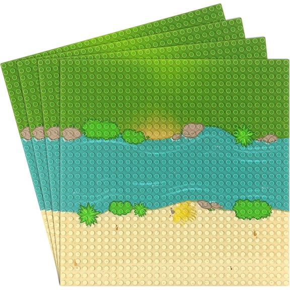 Classic Baseplate with River and Grassland Pattern, 10 x 10 Inches Base Plates for Building Blocks Mat Compatible with Major Brands (Straight 4 Pieces)