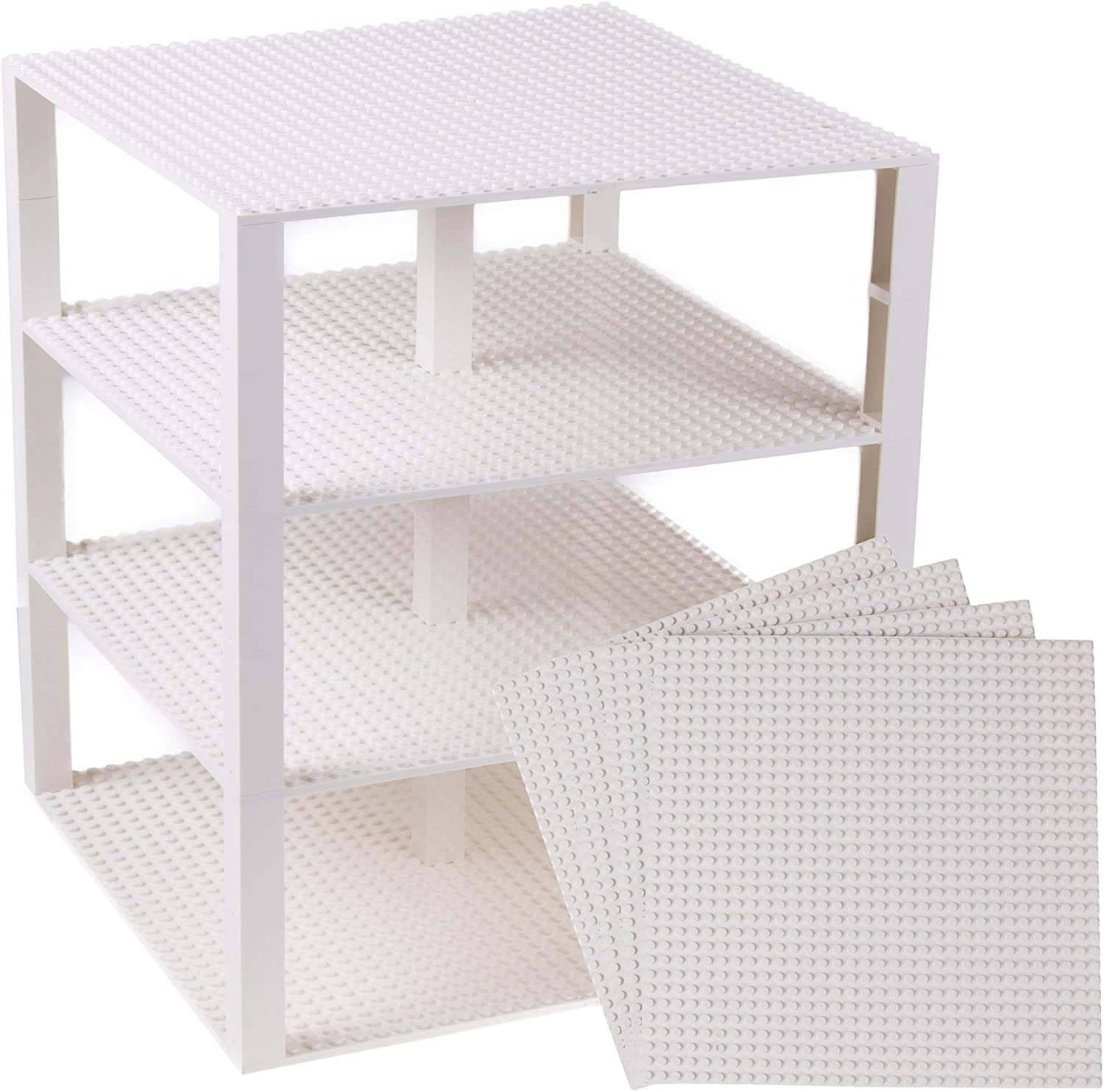 Classic Baseplates 10" x 10" Brik Tower by Strictly Briks | LEGO Compatible | Building Bricks for Towers and More | 4 White Stackable Base Plates & 30 Stackers