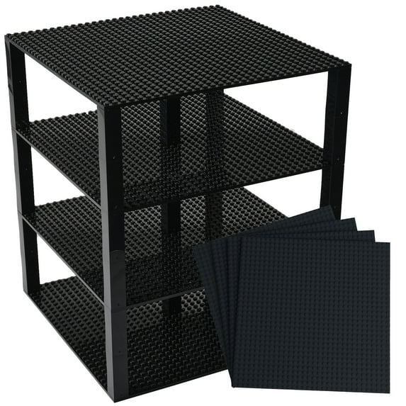 Classic Baseplates 10" x 10" Brik Tower by Strictly Briks | Major Brand Compatible | Building Bricks for Towers and More | 4 Black Stackable Base Plates & 30 Stackers