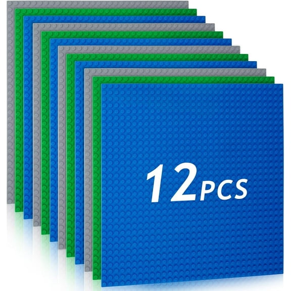Classic Baseplates, 12 Pack Square 32x32 Stud Building Base, 10"10" Large Building Board Base Plates, 100% Compatible with All Major Brands, Build and Display Board Set - Grey/Green/Blue