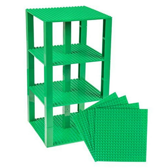 Classic Baseplates 6" x 6" Brik Tower by Strictly Briks | 100% Compatible with All Major Brands | Building Bricks for Towers and More | 4 Green Stackable Base Plates & 30 Stackers