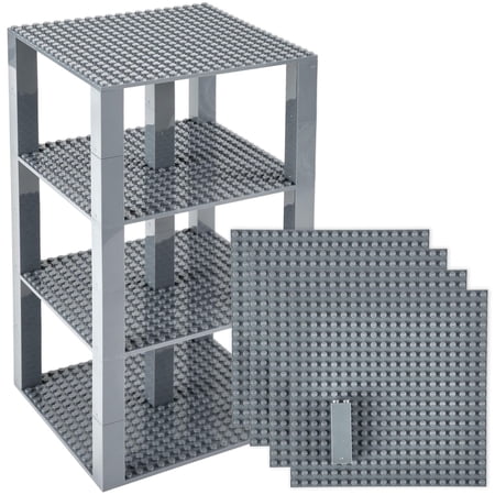 Classic Baseplates 6" x 6" Brik Tower by Strictly Briks | LEGO Compatible | Building Bricks for Towers and More | 4 Gray Stackable Base Plates & 30 Stackers
