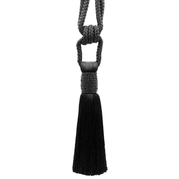 Classic Beaded Tassel Tiebacks, handcrafted with diamond braided cord and seed bead vintage design, Tassel Length 7" (17.5cm), 34" Spread (86cm) (Style# TBBE7), Pure Black #K9 (Jet Black) Set of 10