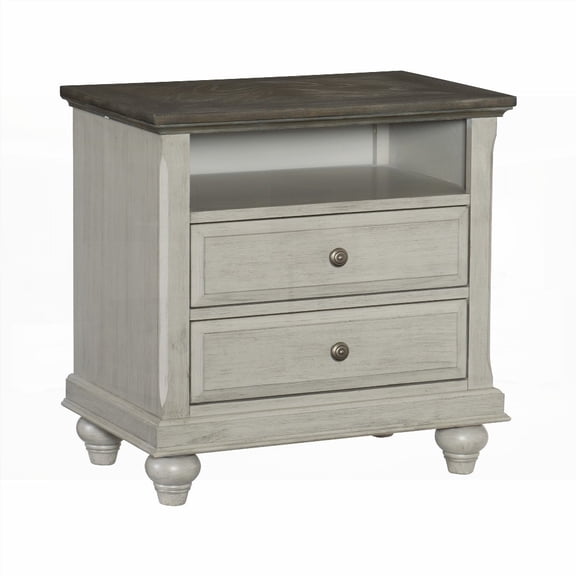 Classic Bedroom Furniture Side Table in Light Gray Finish, Having 2-tone (Dark Brown & Light Gray), 1 Storage Cubby & 2 Gliding Drawers