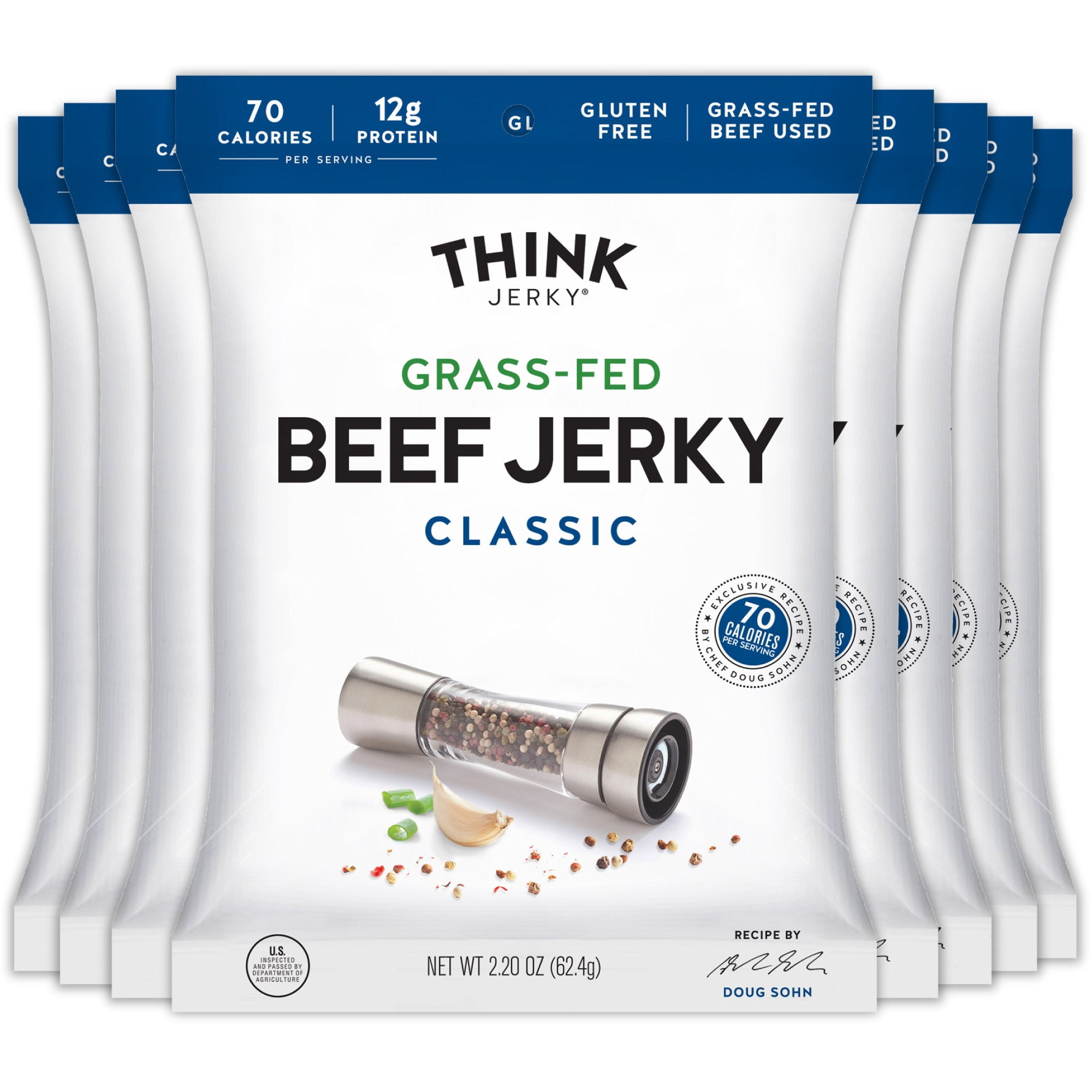 Think Jerky Classic Beef Jerky, Grass-Fed High Protein Beef Jerky, Gluten Free, No Antibiotics or Nitrates, Healthy Chef Crafted Recipe, Low Calorie and Low Fat - 2.2 oz Bags, 8 Pack