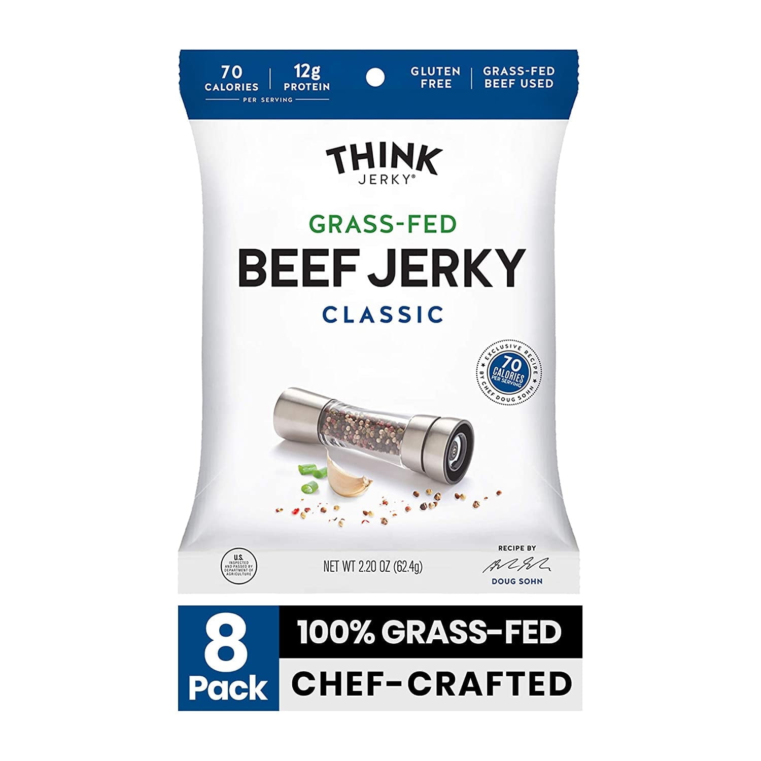 Classic Beef Jerky by Think Jerky Delicious Chef Crafted Jerky Grass-Fed Beef Free of Gluten, Antibiotics and Nitrates Healthy Protein Snack Low in Calories, Fat and Salt 2.2 Ounce (8 Pack)